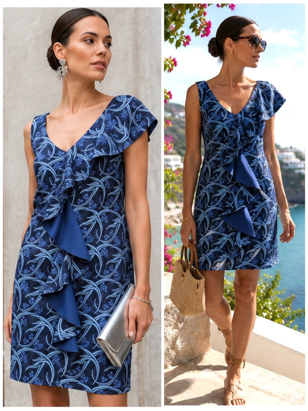 NWT Chiara Boni Botanical Print Blue Ruffle V-Neck Sheath Dress US 6 Resort - Picture 4 of 13